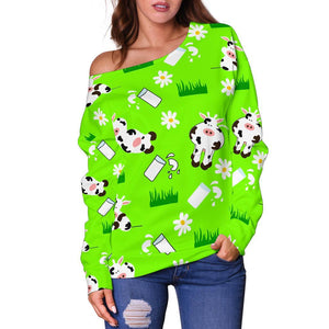 Cartoon Daisy And Cow Pattern Print Off Shoulder Sweatshirt GearFrost