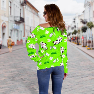 Cartoon Daisy And Cow Pattern Print Off Shoulder Sweatshirt GearFrost