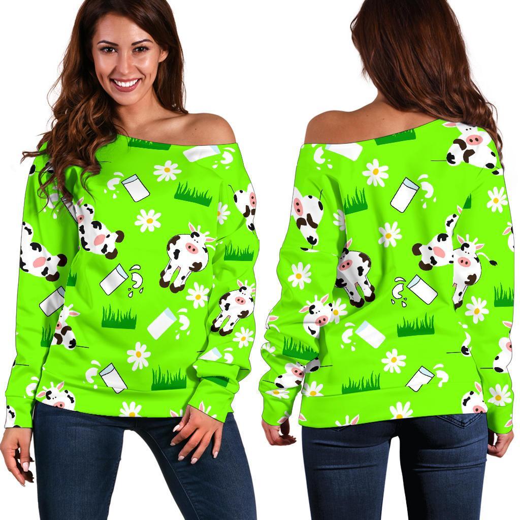 Cartoon Daisy And Cow Pattern Print Off Shoulder Sweatshirt GearFrost