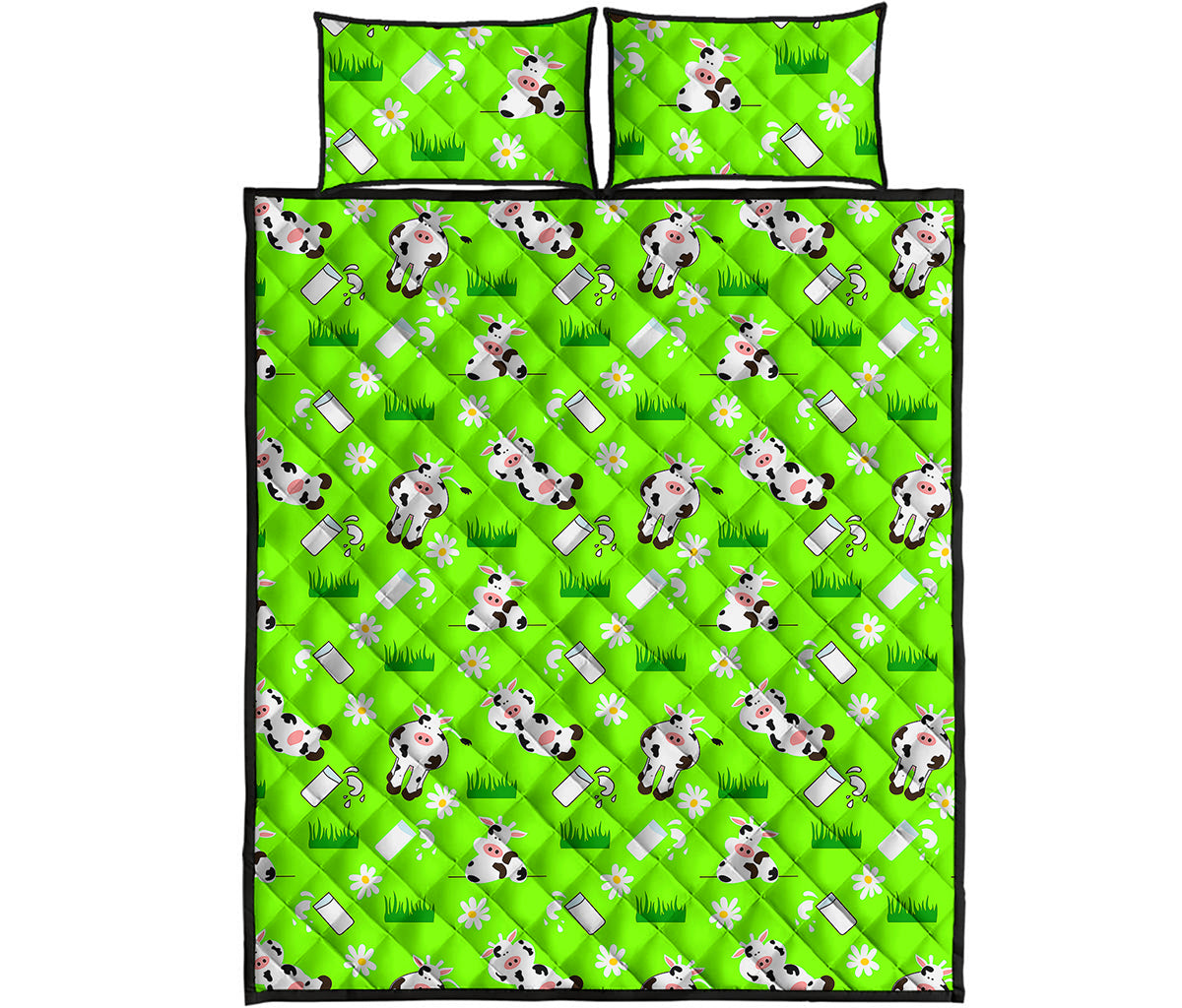 Cartoon Daisy And Cow Pattern Print Quilt Bed Set
