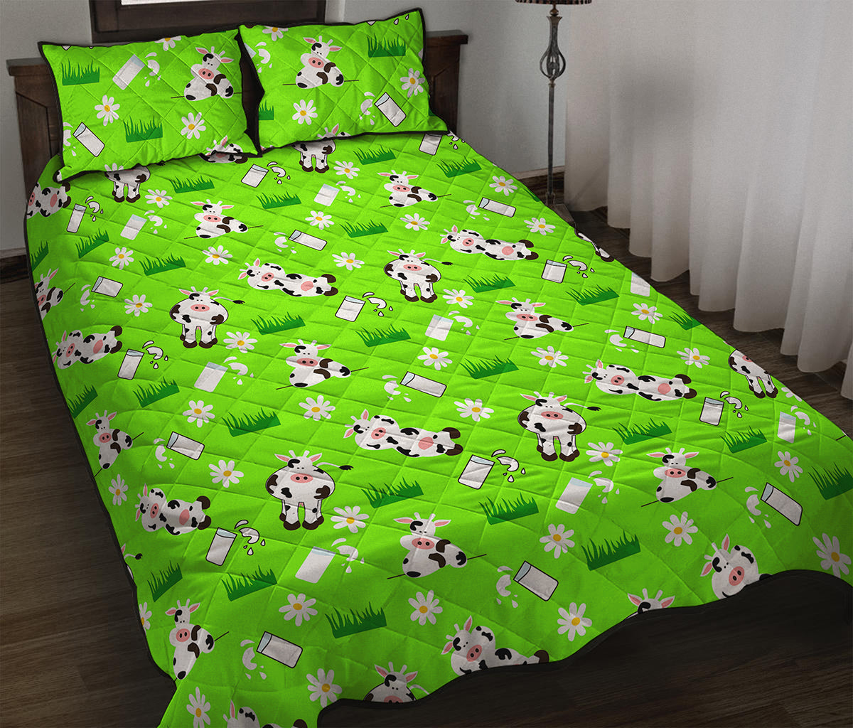 Cartoon Daisy And Cow Pattern Print Quilt Bed Set
