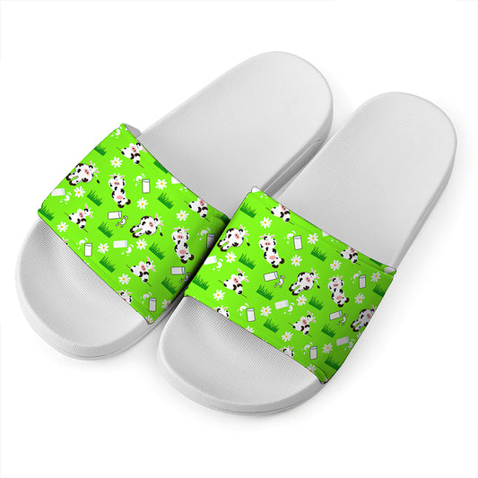 Cartoon Daisy And Cow Pattern Print White Slide Sandals