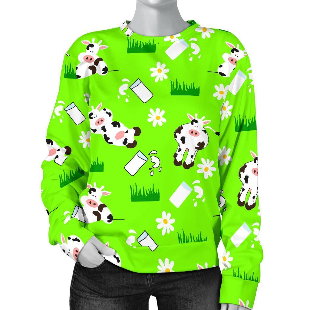 Cartoon Daisy And Cow Pattern Print Women's Crewneck Sweatshirt GearFrost