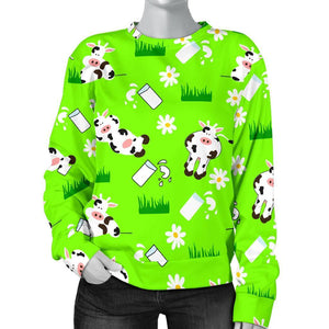 Cartoon Daisy And Cow Pattern Print Women's Crewneck Sweatshirt GearFrost