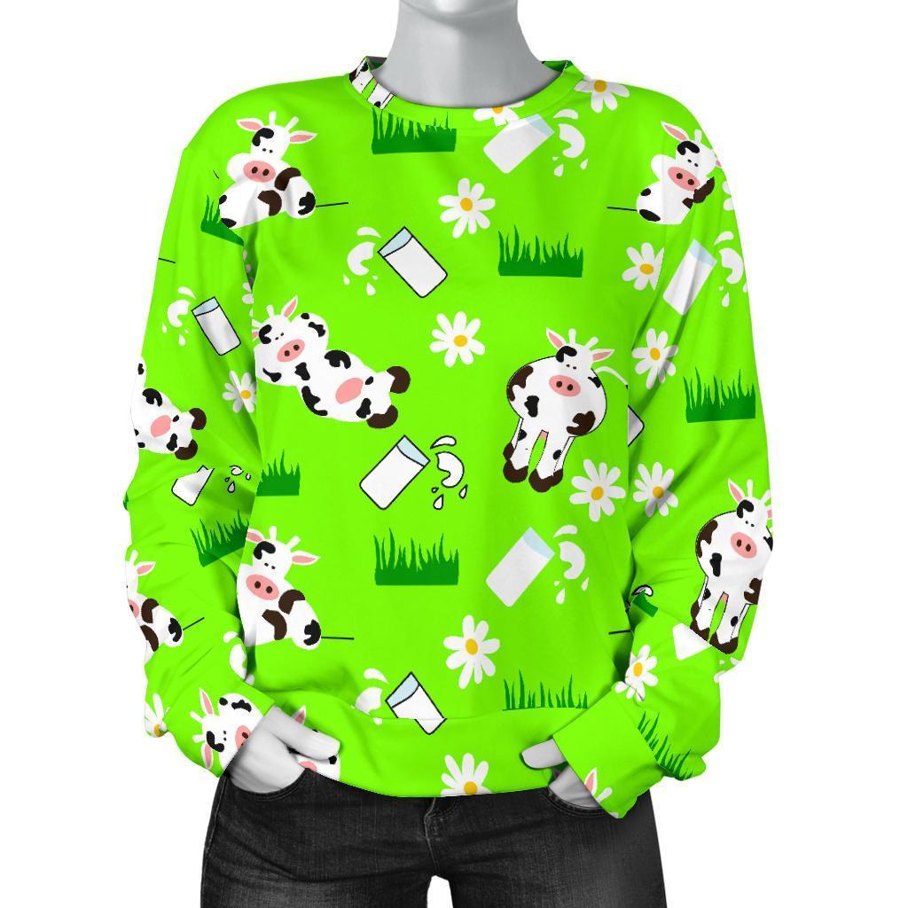 Cartoon Daisy And Cow Pattern Print Women's Crewneck Sweatshirt GearFrost