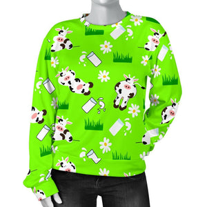 Cartoon Daisy And Cow Pattern Print Women's Crewneck Sweatshirt GearFrost