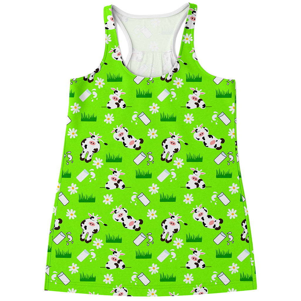 Cartoon Daisy And Cow Pattern Print Women's Racerback Tank Top