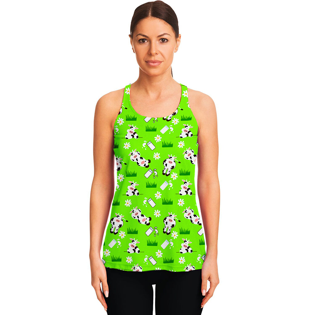 Cartoon Daisy And Cow Pattern Print Women's Racerback Tank Top