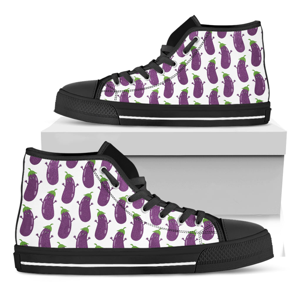 Cartoon Eggplant Pattern Print Black High Top Shoes