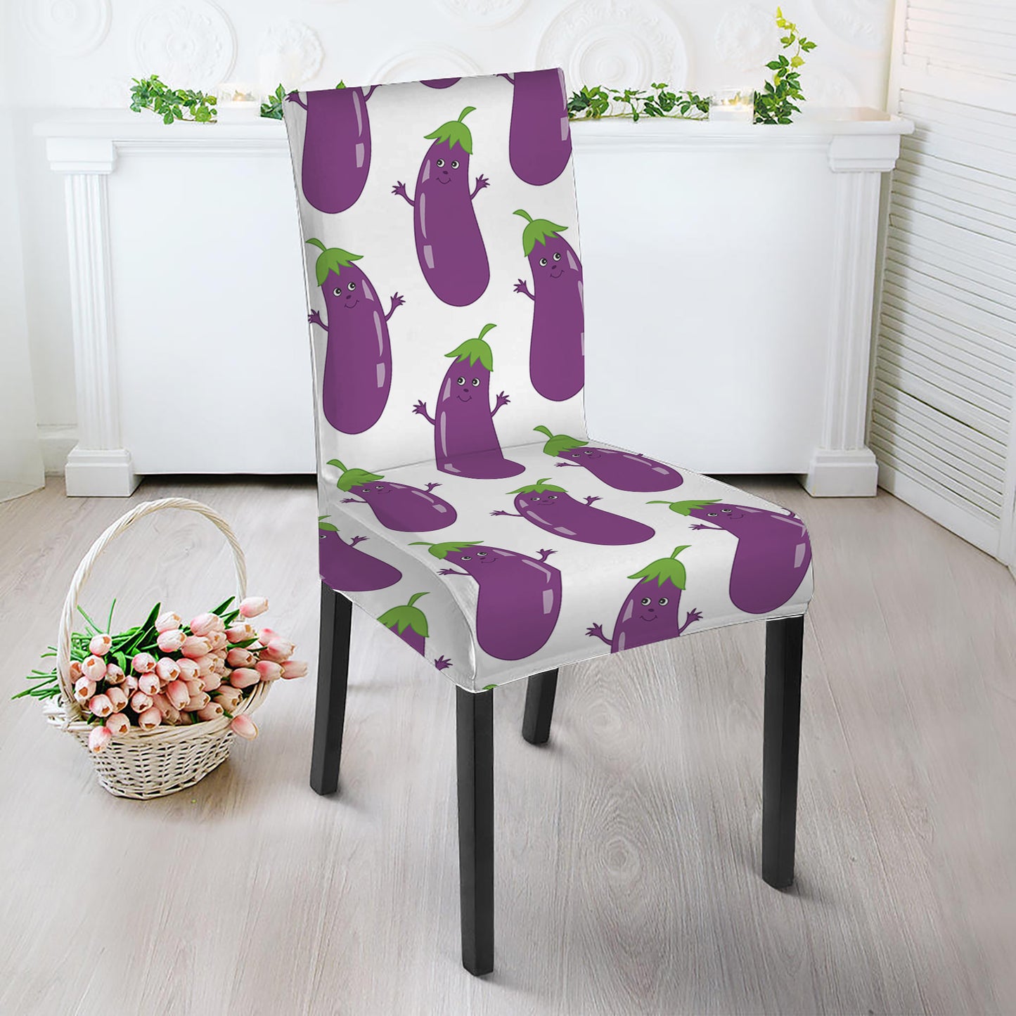 Cartoon Eggplant Pattern Print Dining Chair Slipcover