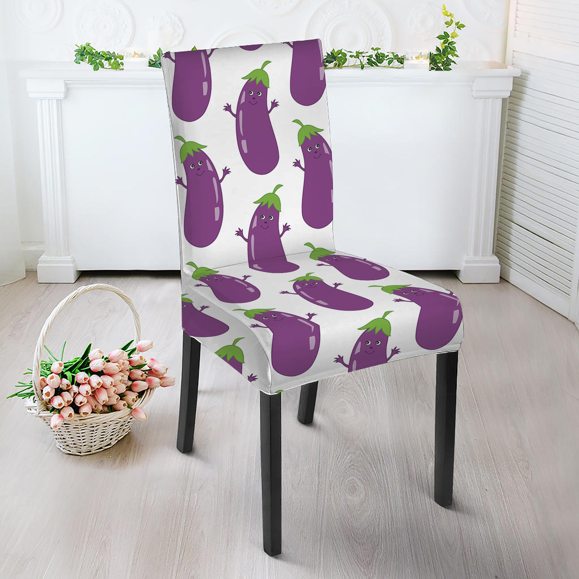 Cartoon Eggplant Pattern Print Dining Chair Slipcover