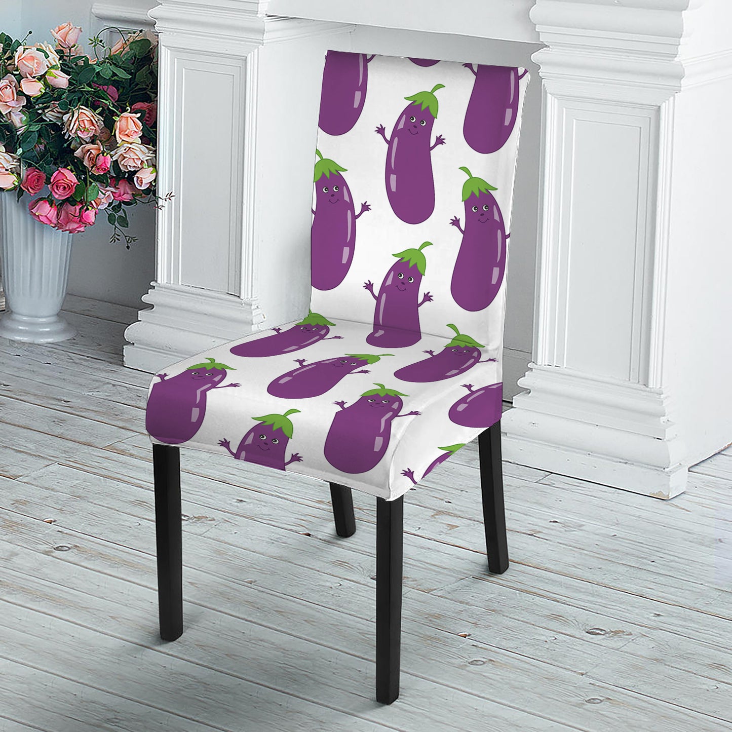 Cartoon Eggplant Pattern Print Dining Chair Slipcover