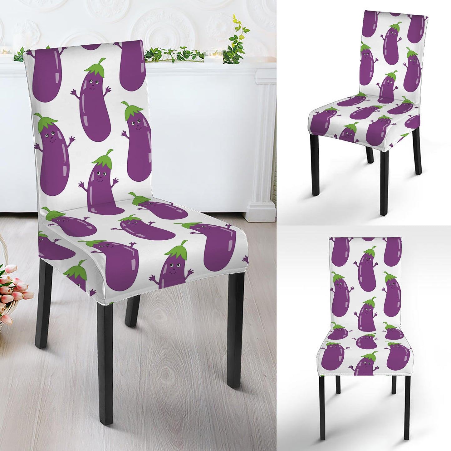 Cartoon Eggplant Pattern Print Dining Chair Slipcover