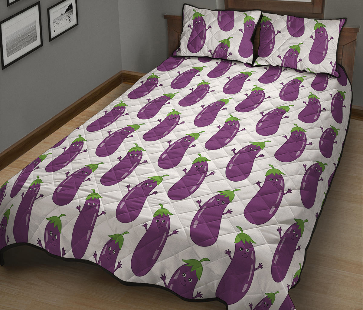 Cartoon Eggplant Pattern Print Quilt Bed Set