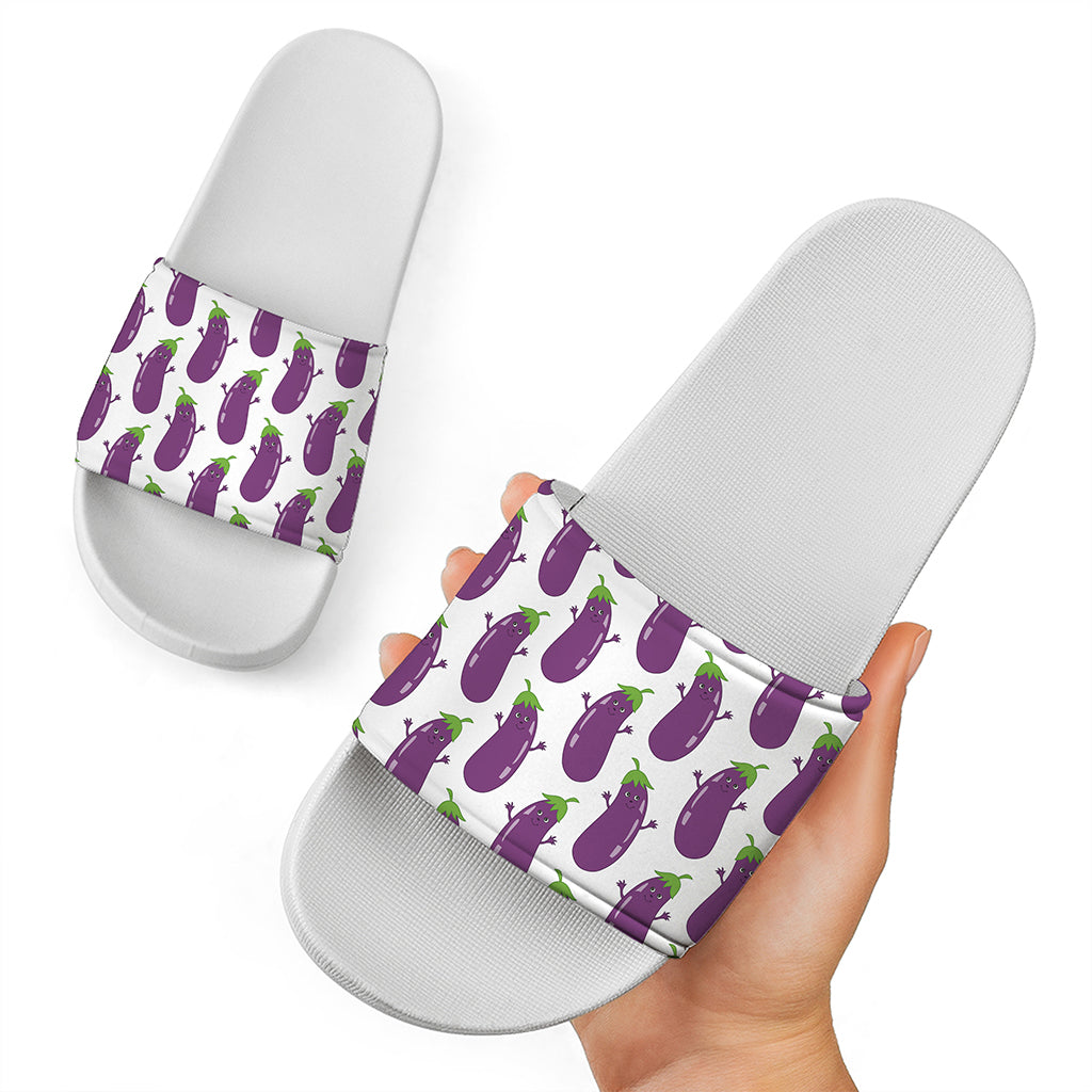 Cartoon Eggplant Pattern Print White Slide Sandals