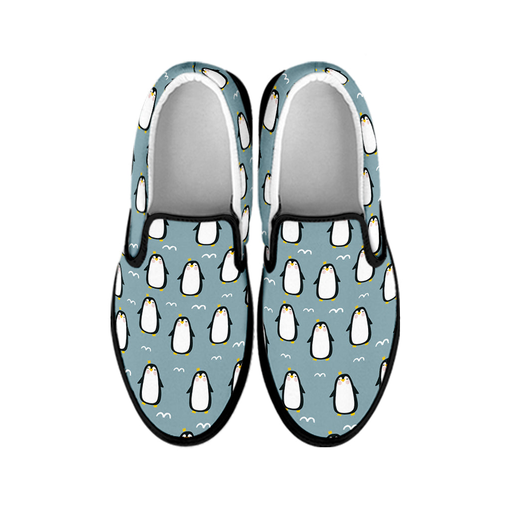Cartoon Emperor Penguin Pattern Print Black Slip On Shoes