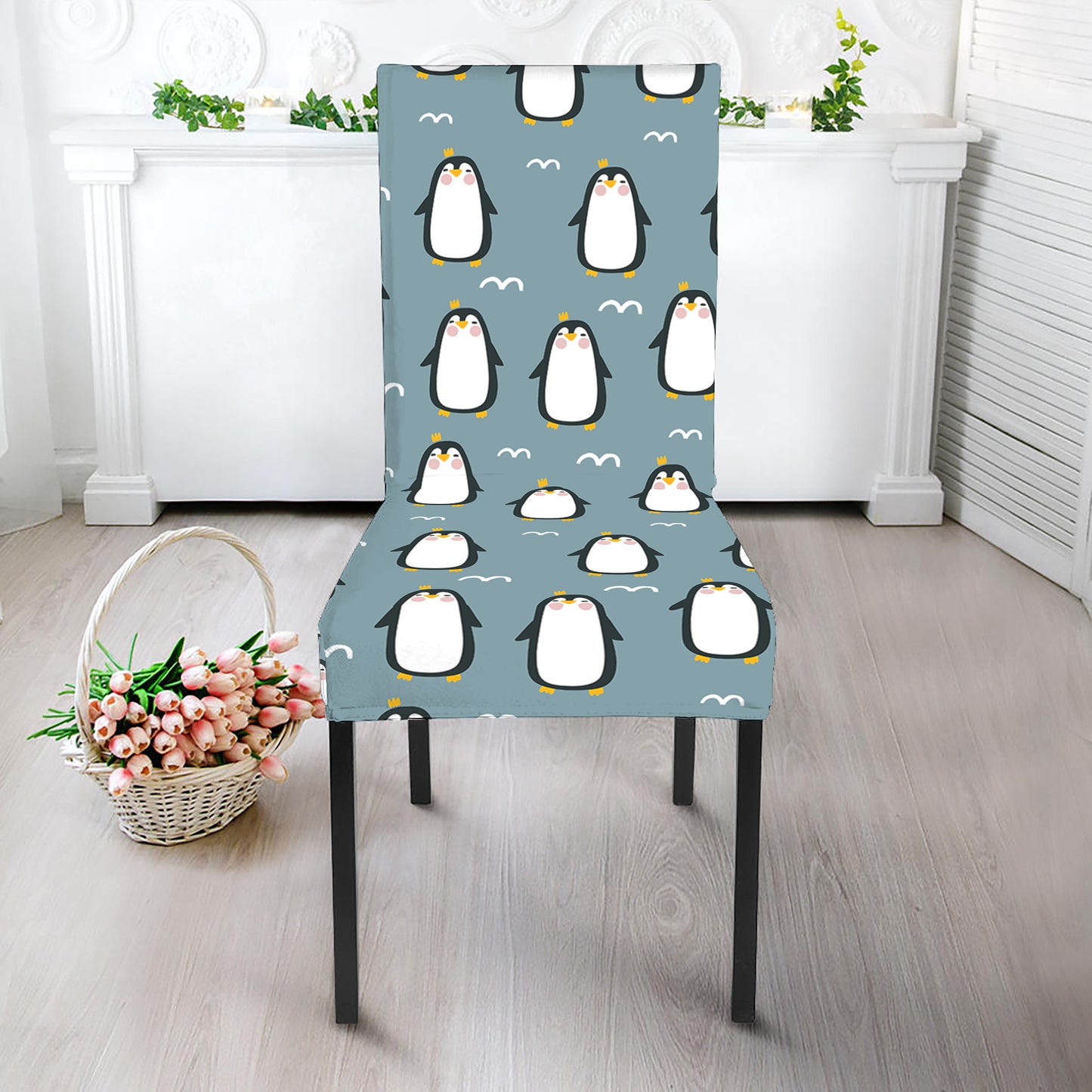 Cartoon Emperor Penguin Pattern Print Dining Chair Slipcover