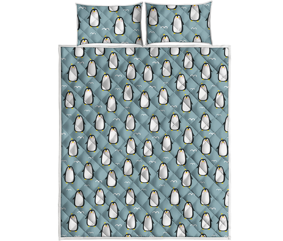 Cartoon Emperor Penguin Pattern Print Quilt Bed Set