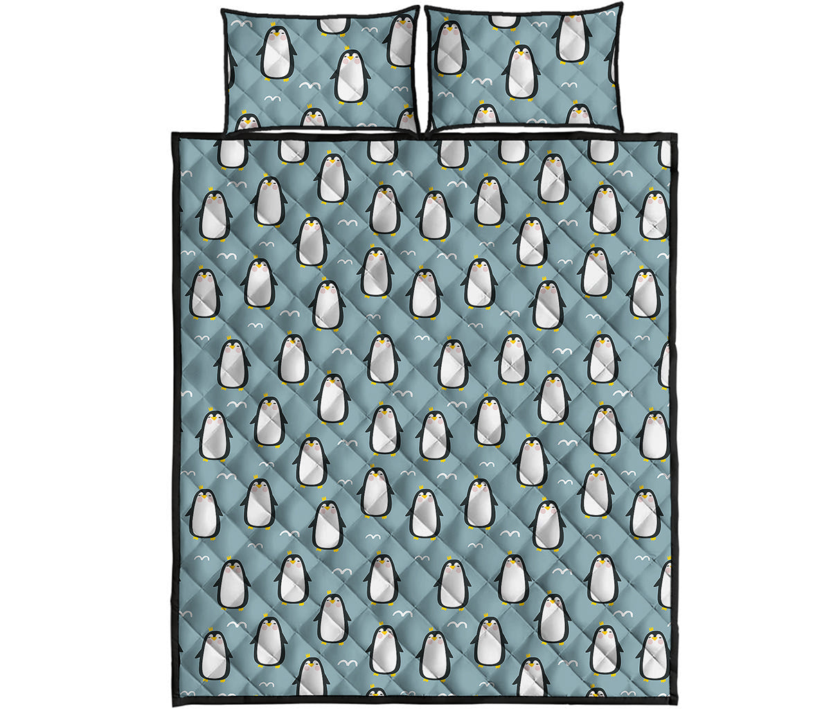 Cartoon Emperor Penguin Pattern Print Quilt Bed Set