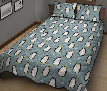 Cartoon Emperor Penguin Pattern Print Quilt Bed Set