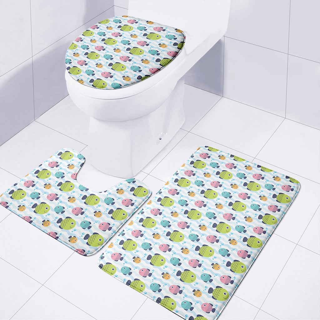 Cartoon Fish Pattern Print 3 Piece Bath Mat Set