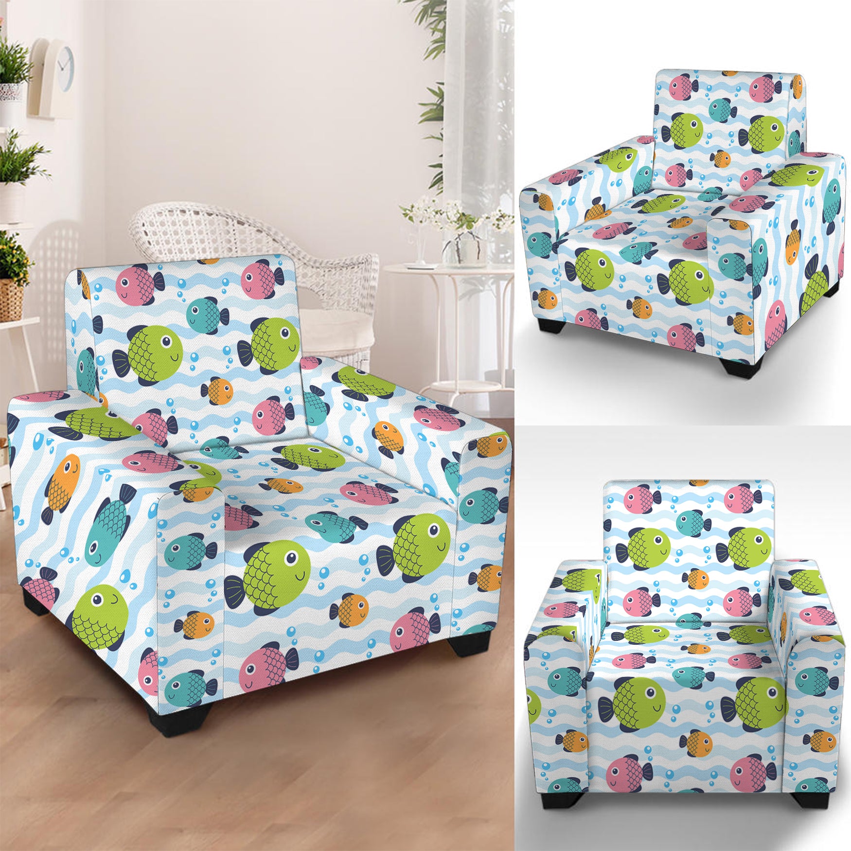 Cartoon Fish Pattern Print Armchair Slipcover