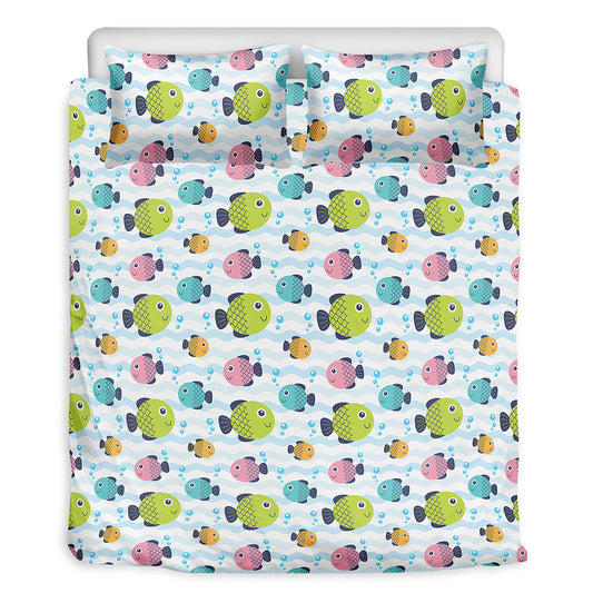 Cartoon Fish Pattern Print Duvet Cover Bedding Set