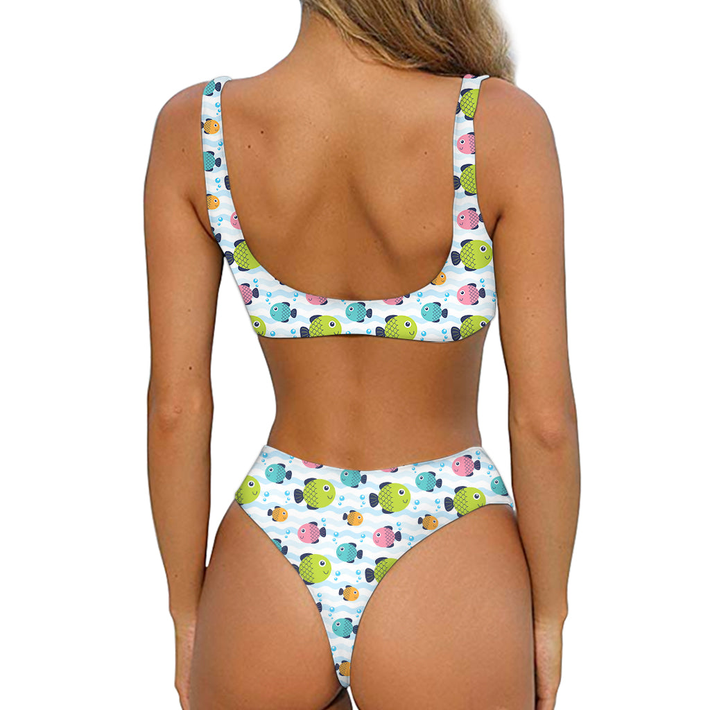 Cartoon Fish Pattern Print Front Bow Tie Bikini