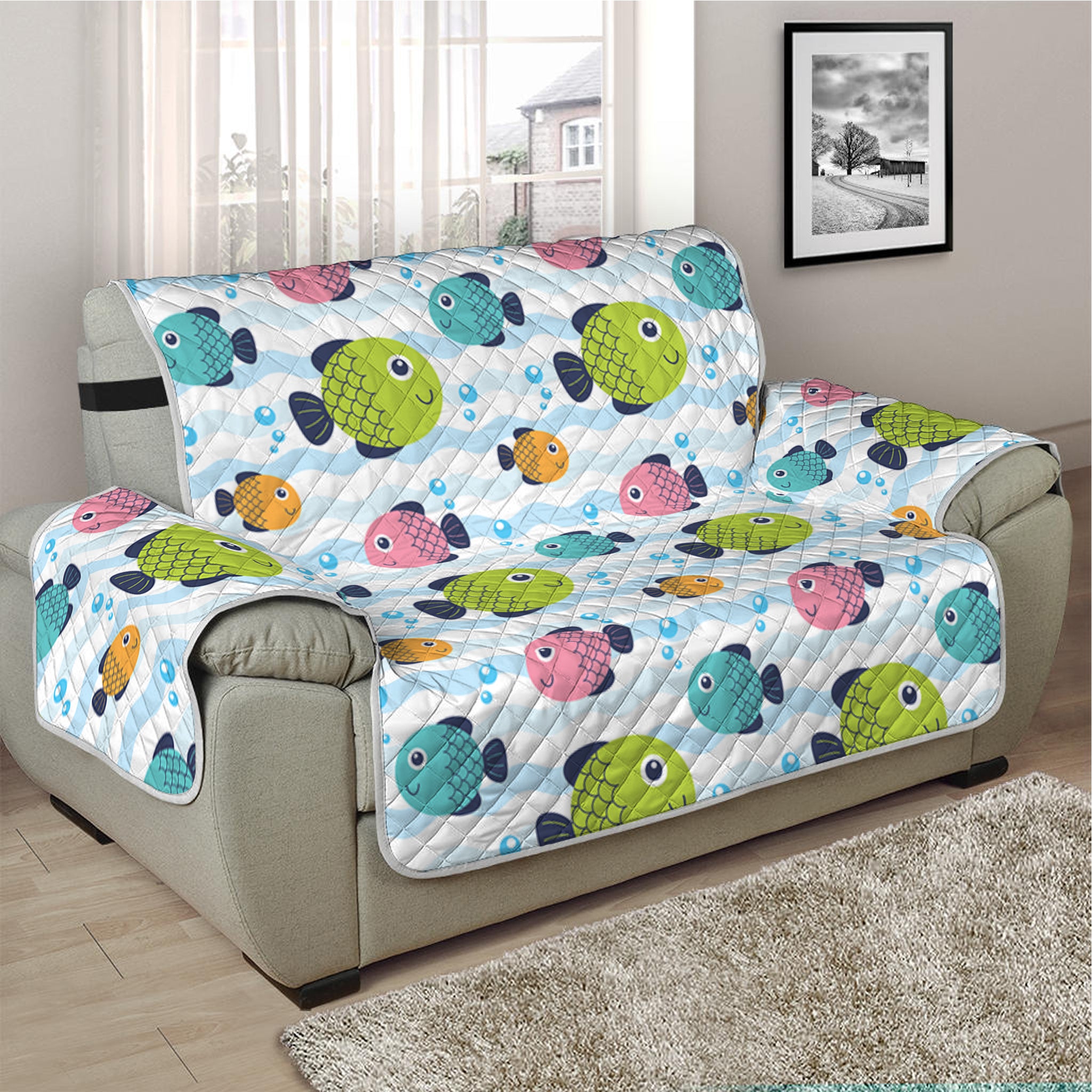 Cartoon Fish Pattern Print Half Sofa Protector