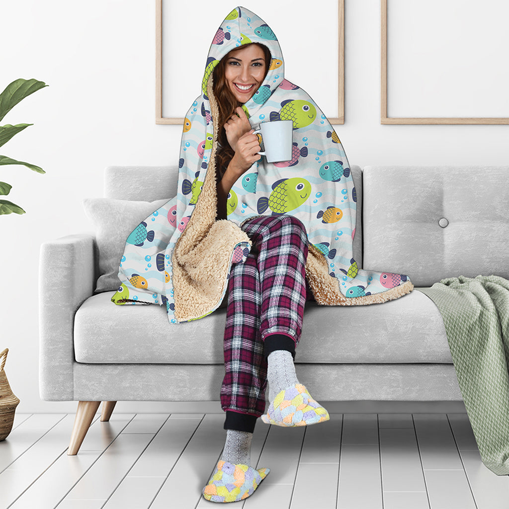 Cartoon Fish Pattern Print Hooded Blanket
