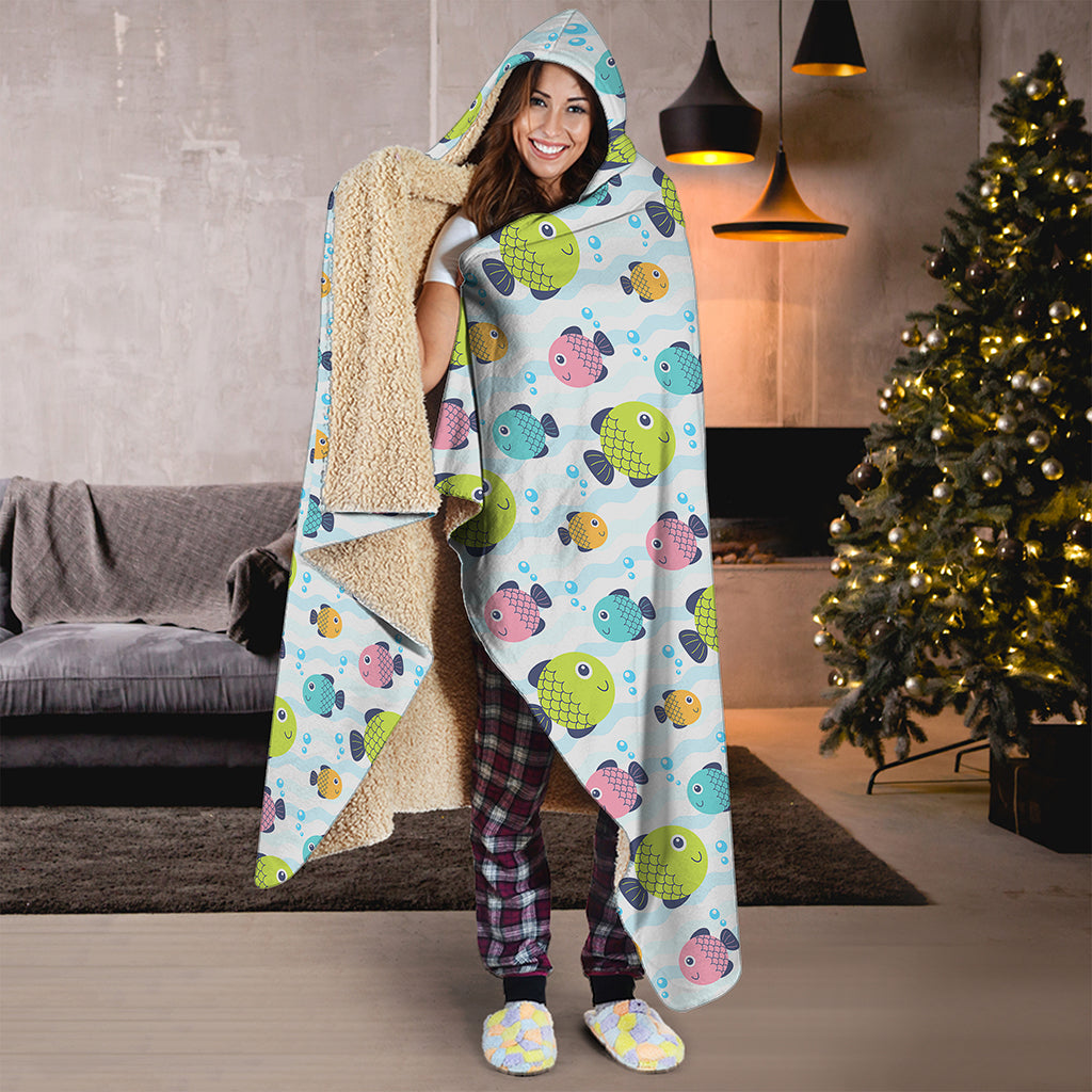 Cartoon Fish Pattern Print Hooded Blanket