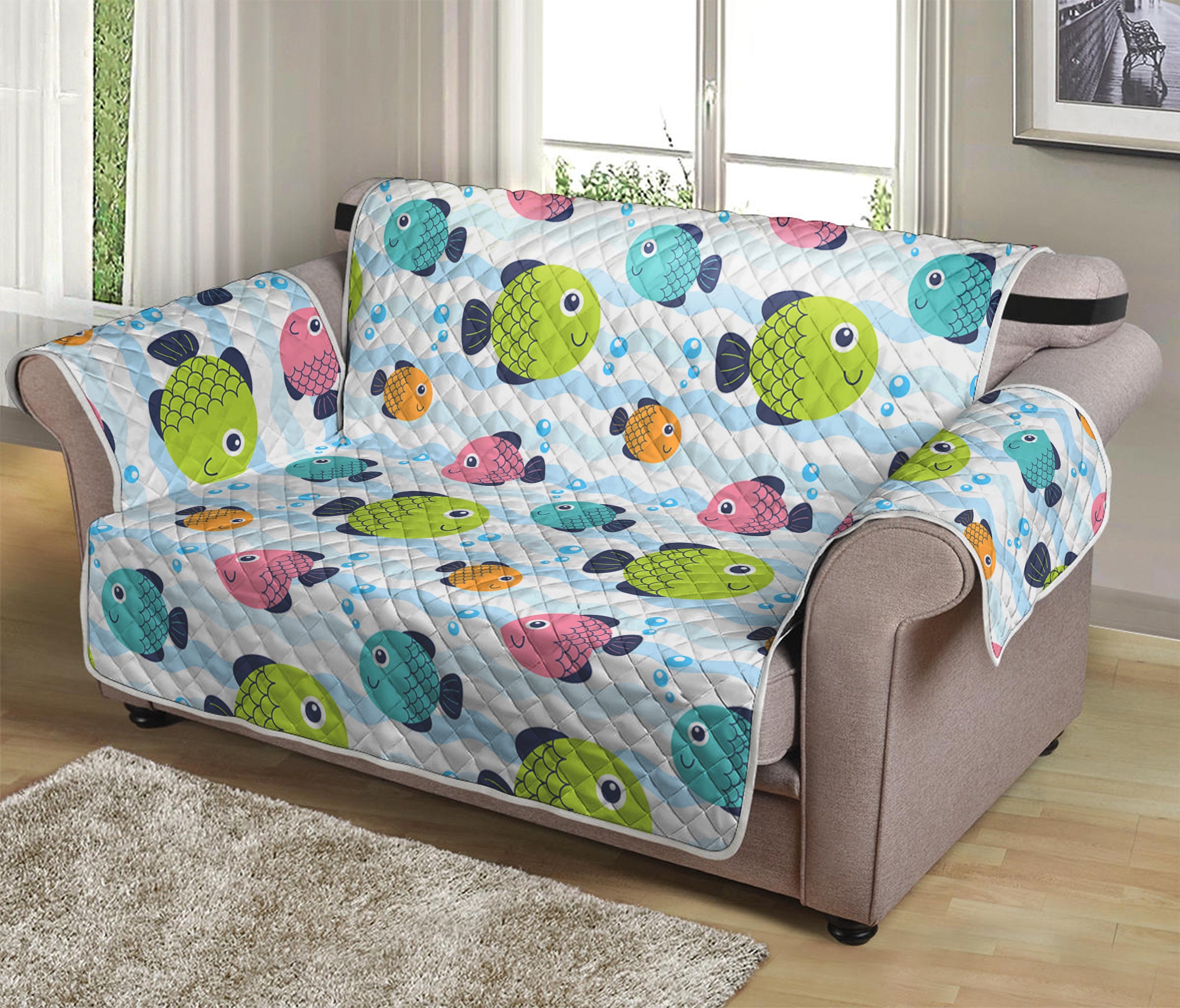 Cartoon Fish Pattern Print Loveseat Protector