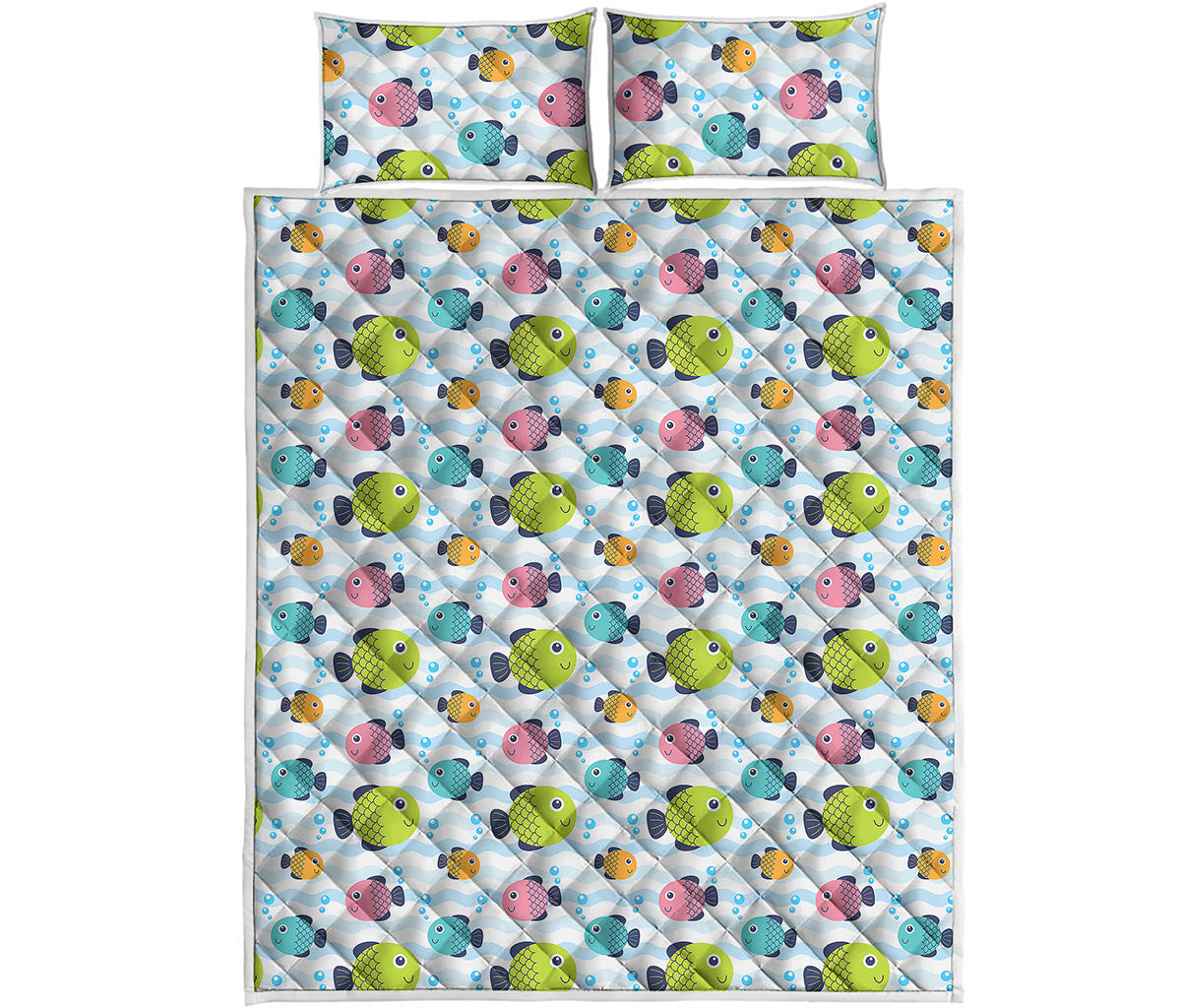 Cartoon Fish Pattern Print Quilt Bed Set