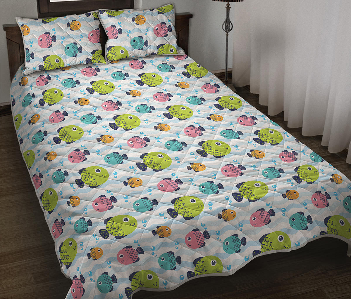 Cartoon Fish Pattern Print Quilt Bed Set