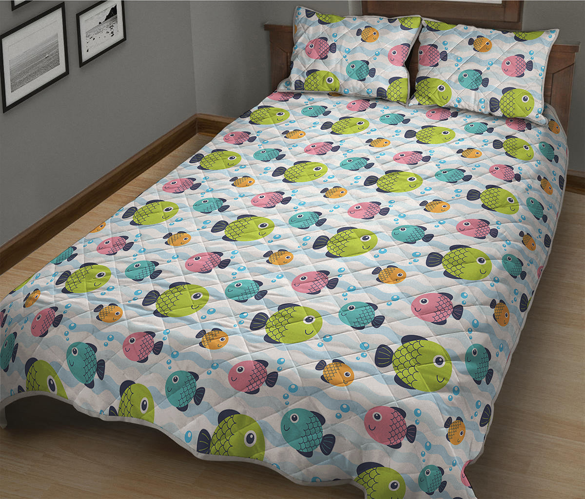 Cartoon Fish Pattern Print Quilt Bed Set