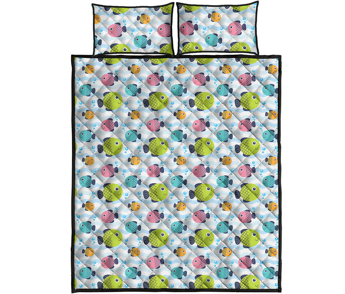 Cartoon Fish Pattern Print Quilt Bed Set
