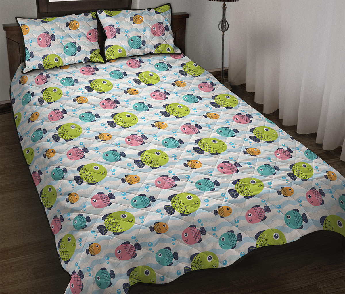 Cartoon Fish Pattern Print Quilt Bed Set