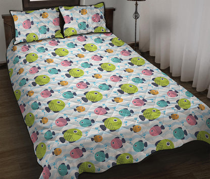 Cartoon Fish Pattern Print Quilt Bed Set
