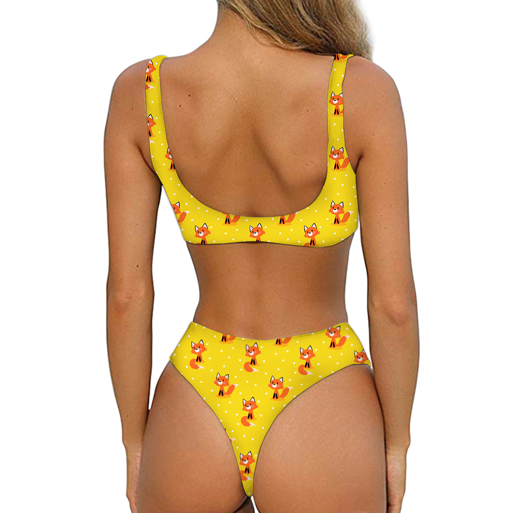 Cartoon Fox Pattern Print Front Bow Tie Bikini