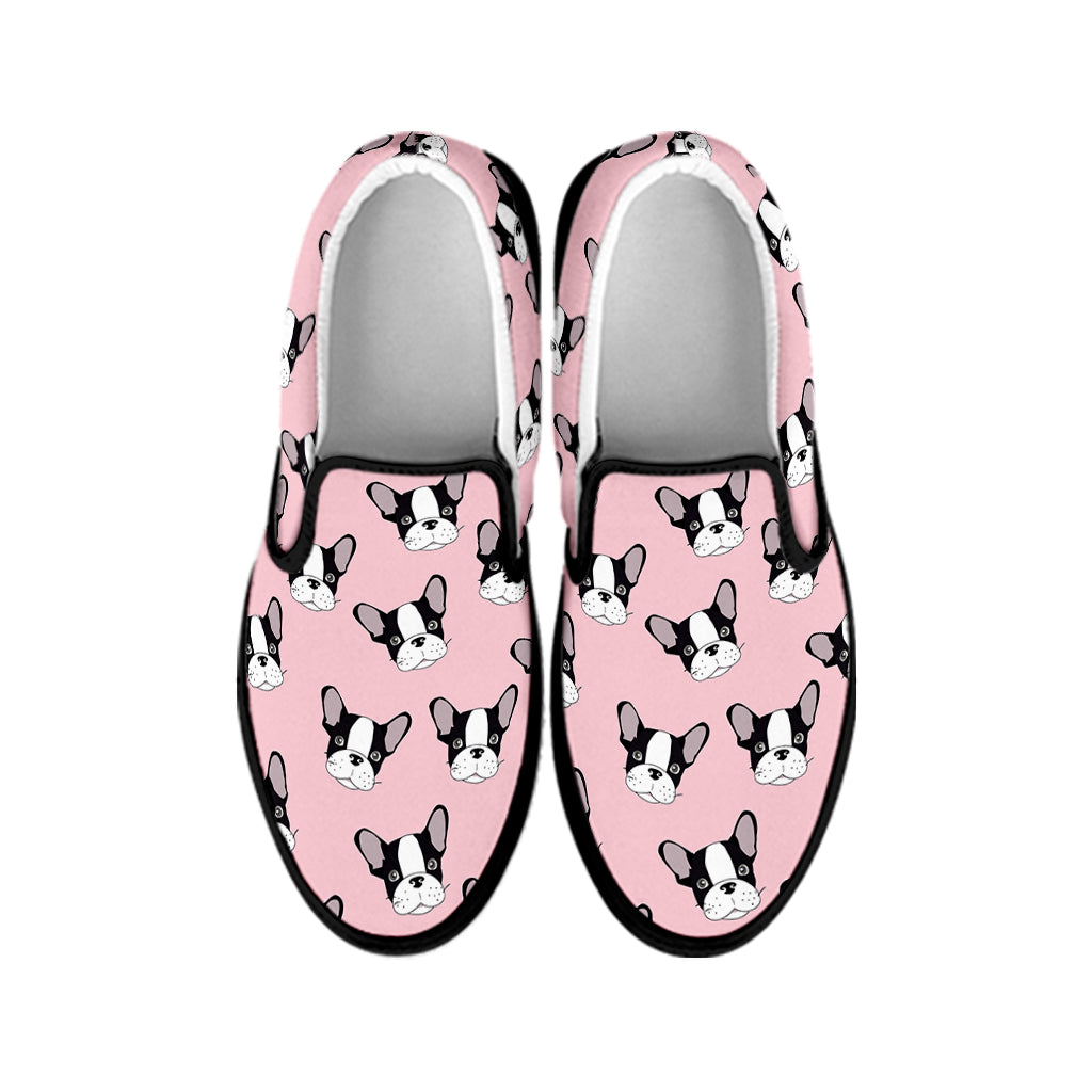 Cartoon French Bulldog Pattern Print Black Slip On Shoes