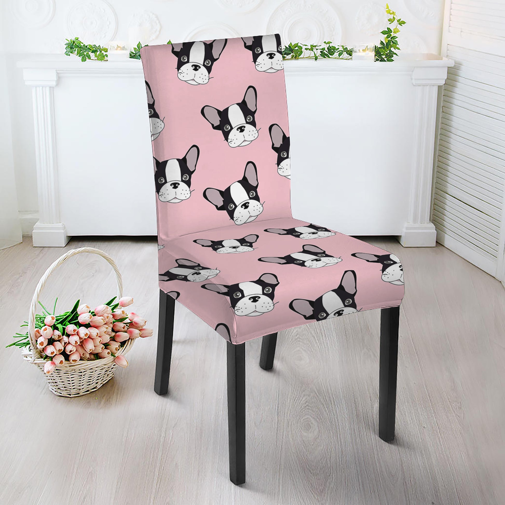 Cartoon French Bulldog Pattern Print Dining Chair Slipcover