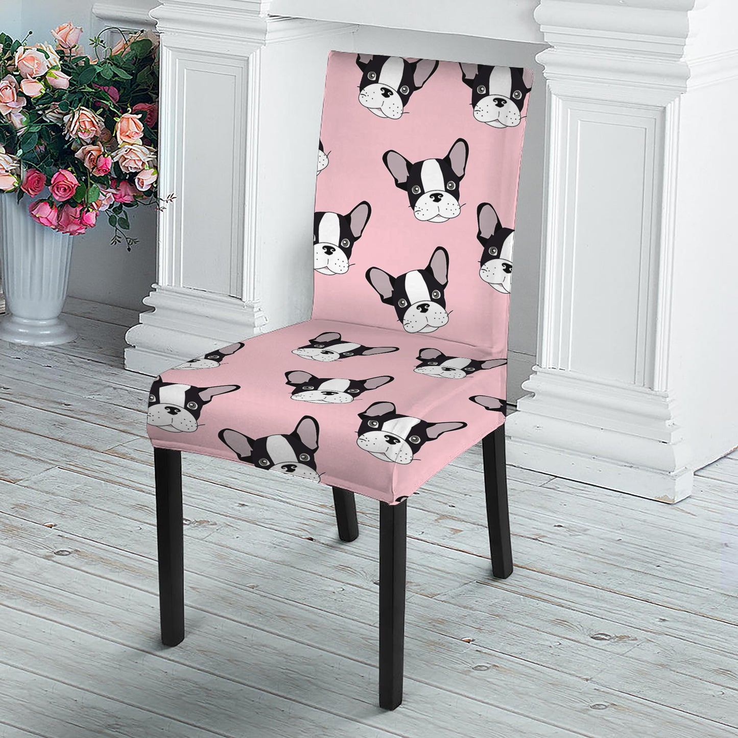 Cartoon French Bulldog Pattern Print Dining Chair Slipcover