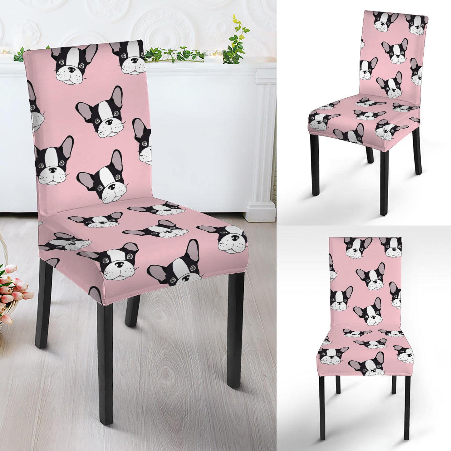 Cartoon French Bulldog Pattern Print Dining Chair Slipcover