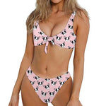 Cartoon French Bulldog Pattern Print Front Bow Tie Bikini