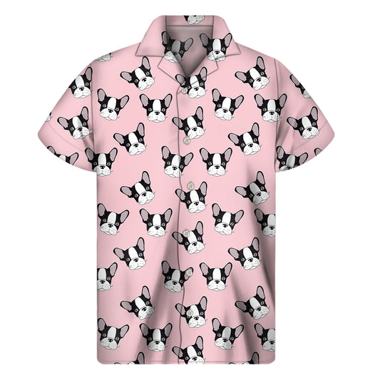 Cartoon French Bulldog Pattern Print Men's Short Sleeve Shirt