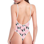 Cartoon French Bulldog Pattern Print One Piece High Cut Swimsuit