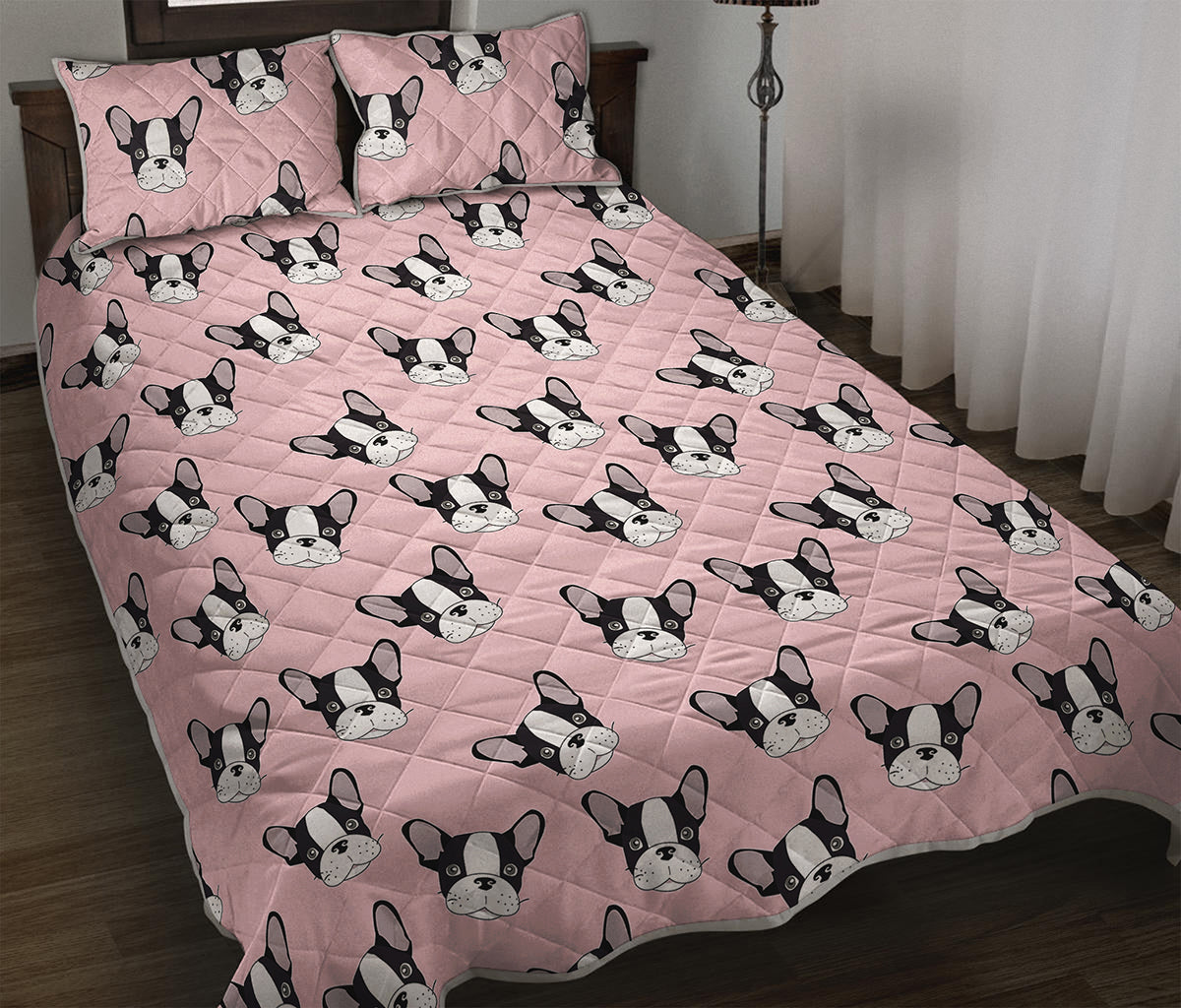 Cartoon French Bulldog Pattern Print Quilt Bed Set
