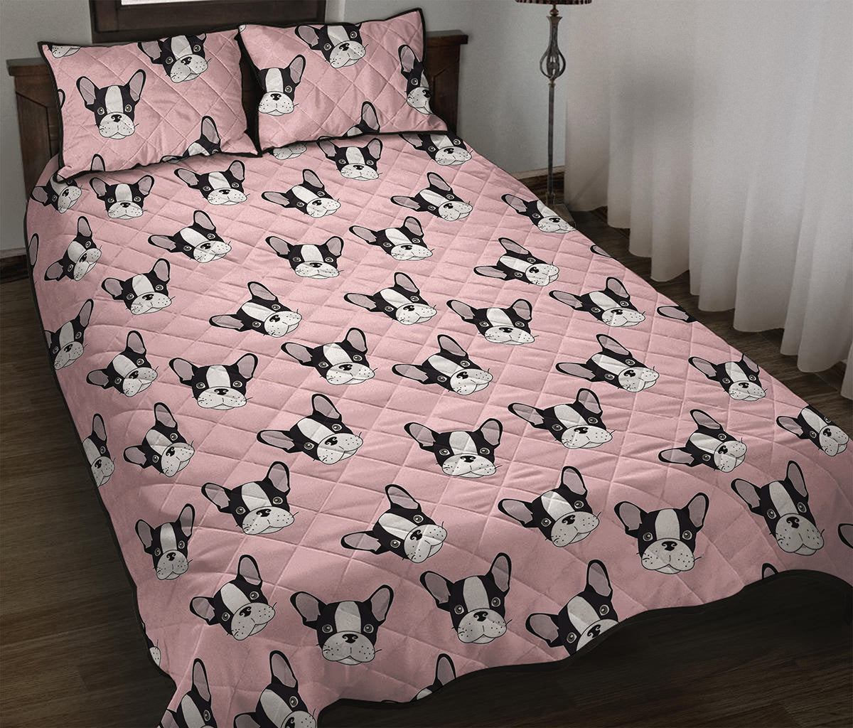 Cartoon French Bulldog Pattern Print Quilt Bed Set