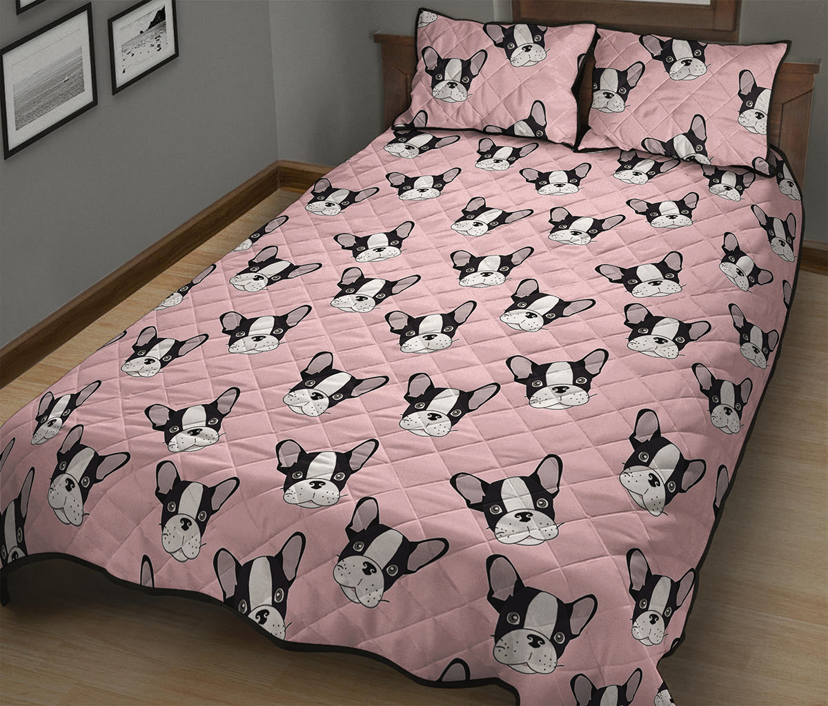 Cartoon French Bulldog Pattern Print Quilt Bed Set