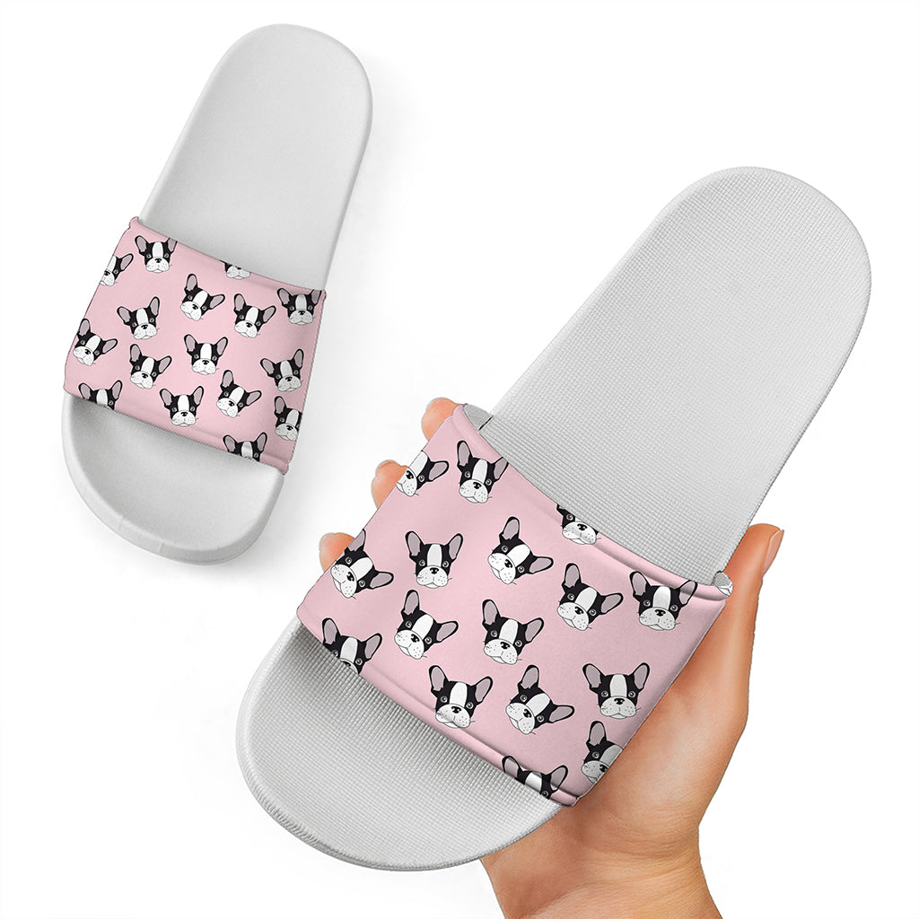 Cartoon French Bulldog Pattern Print White Slide Sandals